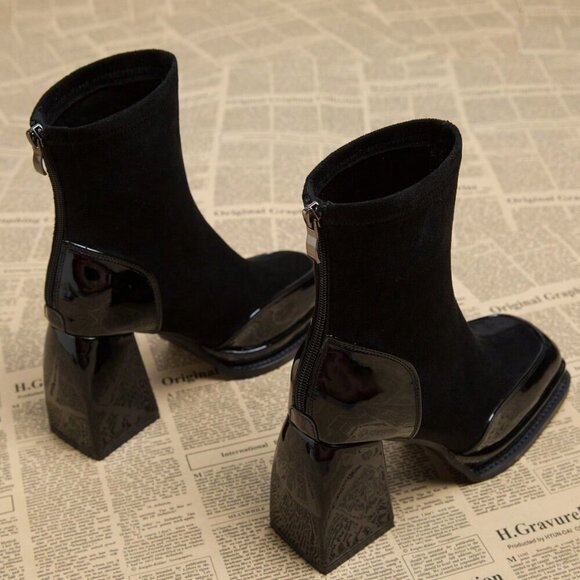 Black Elegant Women's Waterproof Platform Heel High Boots - Picture 5 of 5